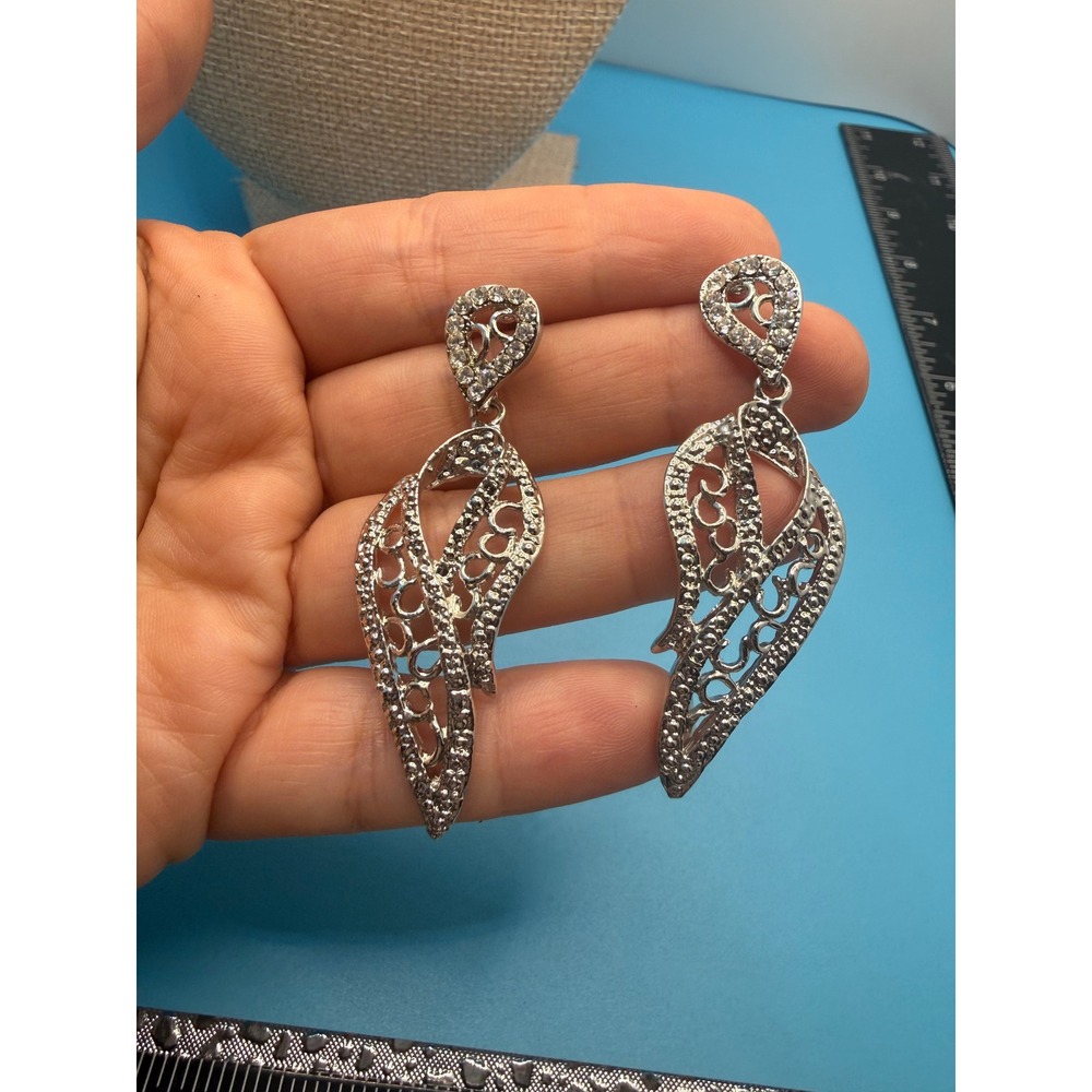 Silver Tone Rhinestone Filigree Dangle Earrings Statement Openwork Drop Post